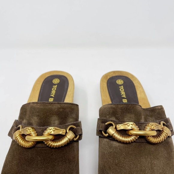 Tory Burch Womens 8 Brown Jessa Suede Horse Bit Clogs Cold Brew Leather Platform - Picture 4 of 9